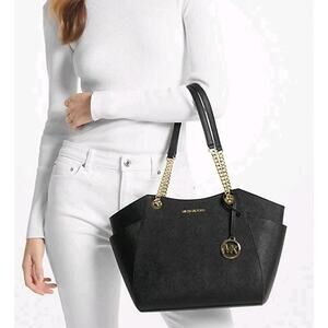 $558 Michael Kors Jet Set Travel Chain Leather Shoulder Tote Black Large NEW